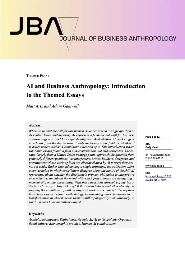 First page of the introduction to the JBA themed essays on AI and business anthropology